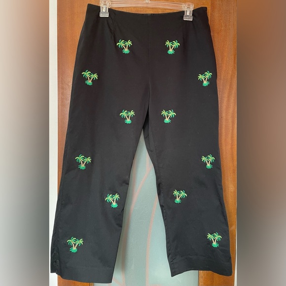 Catherine Stewart Black Cotton Capri Peddle Pusher Crop Palm Tree Pants - Picture 1 of 6